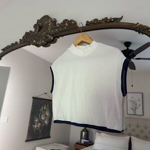 Anthropologie White Crop Top with Navy Trim
